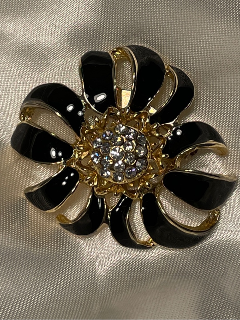 Vintage Black Enamel and Gold Flower Brooch with Crystal Center